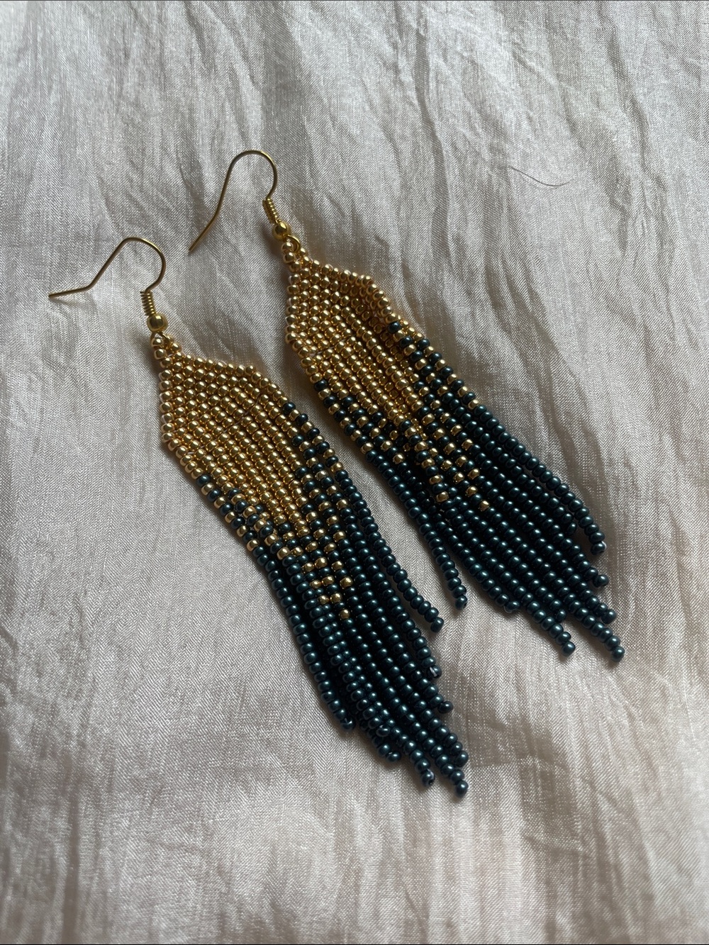 Gold and Blue Beaded Fringe Earrings